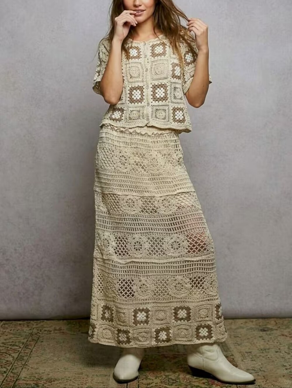416.POL Crochet Bohemian Neutral Maxi Skirt In One Size